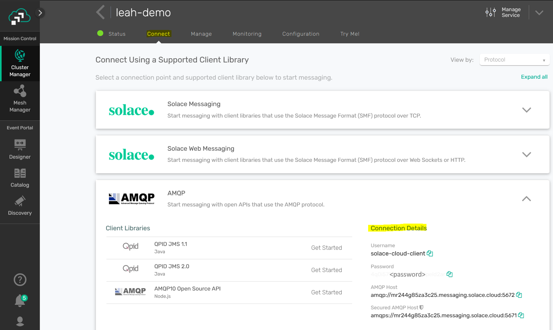 Solace Messaging Tab Solace AMQP Connection